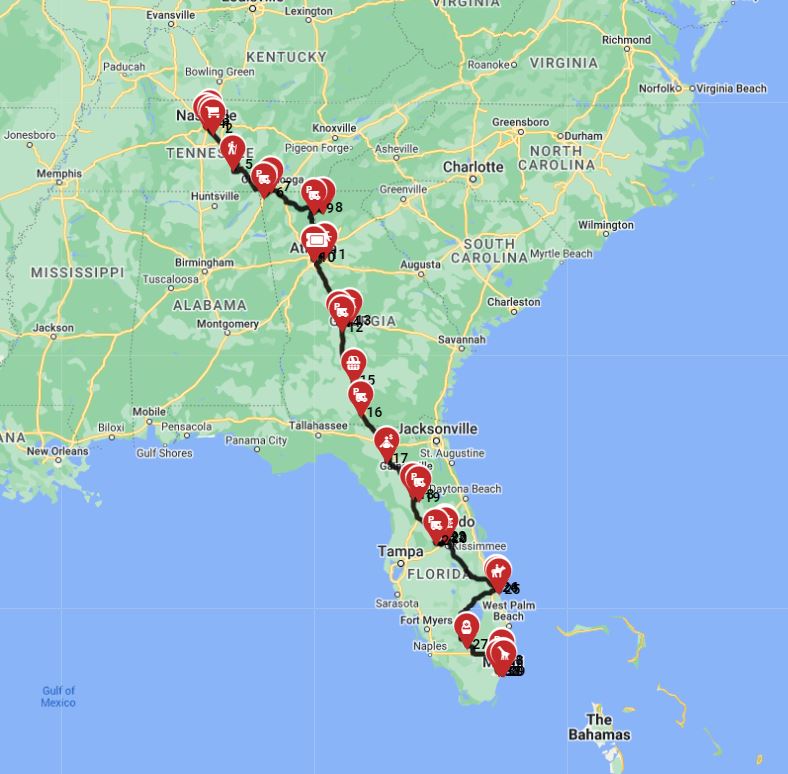 RV route planner for a motorhome trip from Nashville to Miami